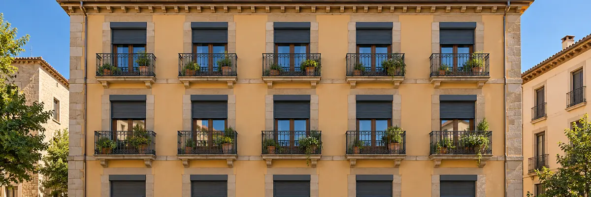 Fachada de varias plantas con persianas enrollables de aluminio recién montadas en Vic