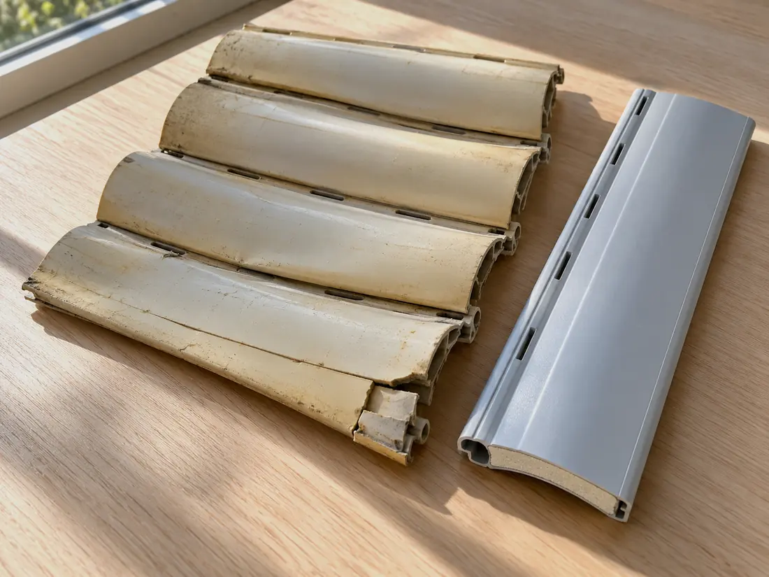 Lamas de PVC amarillentas y deformadas junto a una lama nueva de aluminio