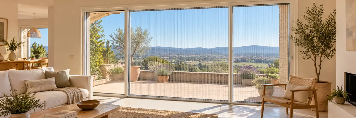 Puerta de terraza con una mosquitera plisada cerrada y la luz de la mañana entrando al salón