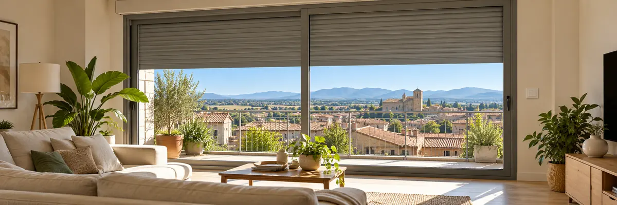 Salón con una persiana eléctrica casi subida y un pulsador de pared junto a la ventana