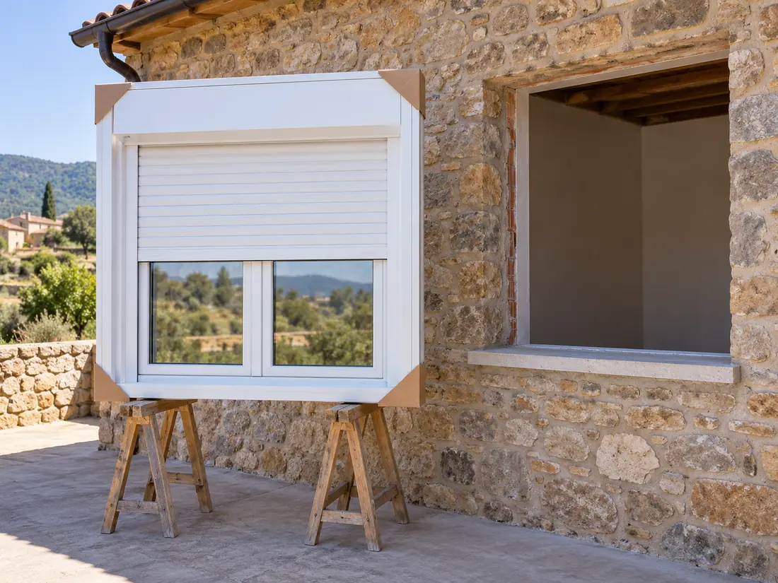 Ventana nueva con persiana compacta de cajón integrado lista para colocar