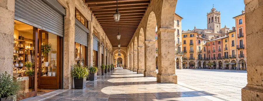 Porxos de pedra amb persianes de botiga pujades gairebé del tot a primera hora del matí