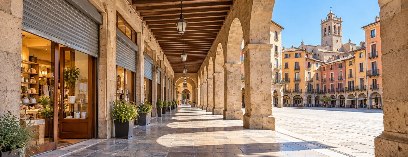 Porches de piedra con persianas de comercio subidas casi del todo a primera hora de la mañana