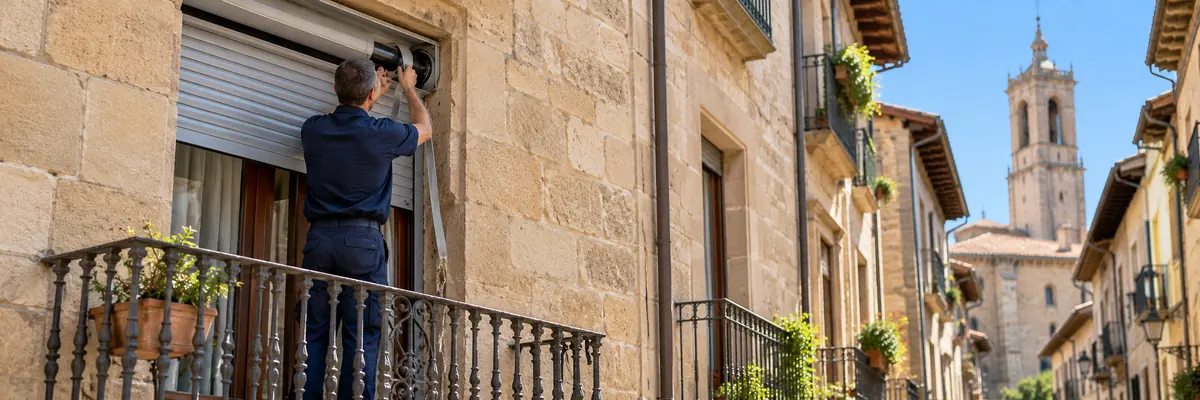 Tècnic amb el registre del calaix obert canviant la cinta d’una persiana en una façana de pedra